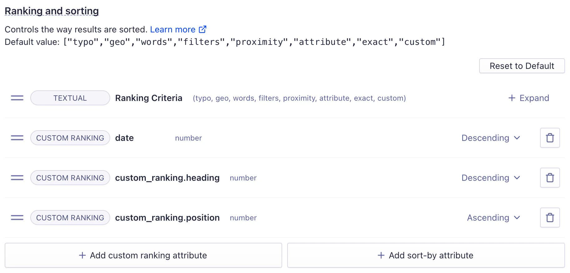 Ranking and sorting in the Algolia dashboard, showing custom ranking attribute configuration