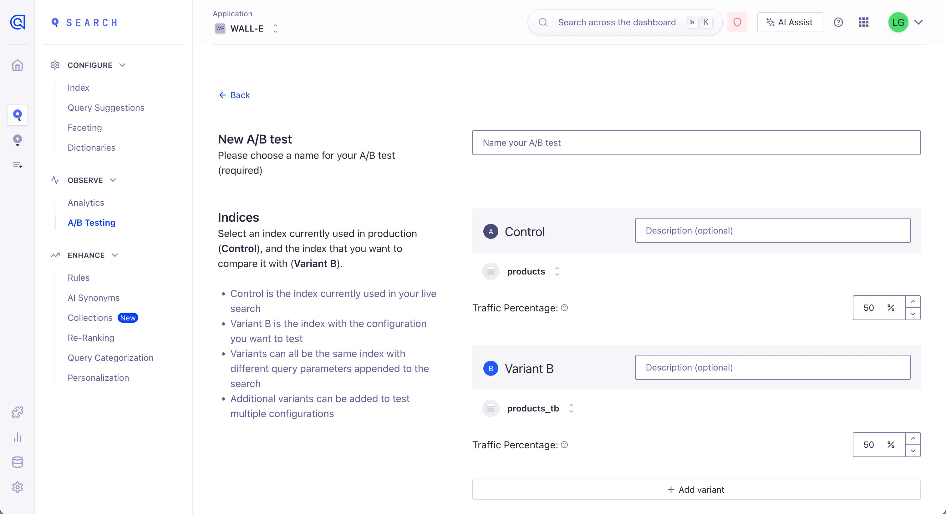 Create an A/B test from the Algolia dashboard