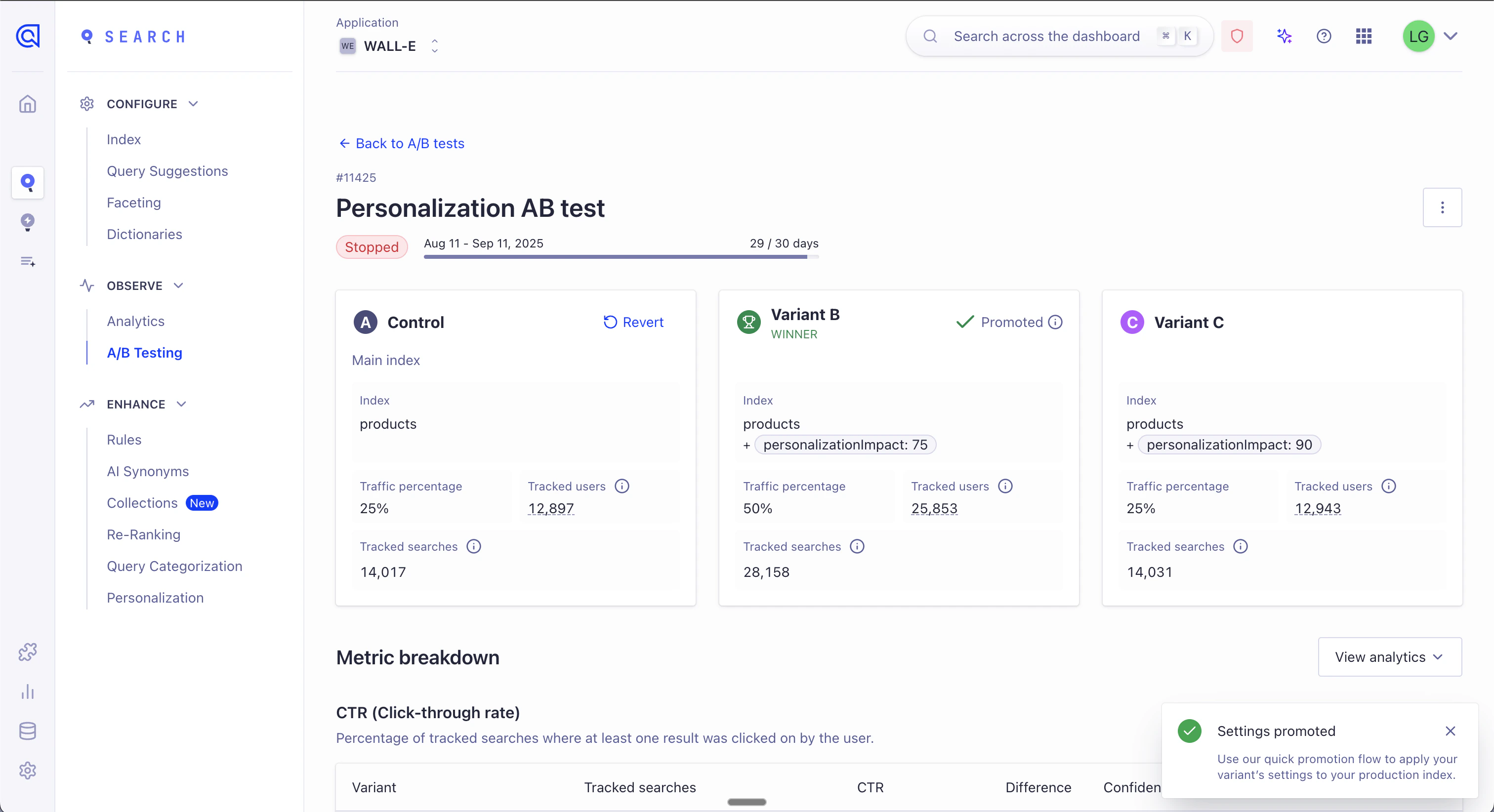 Screenshot of the A/B test details page with three variants showing the Revert settings button for the control variant