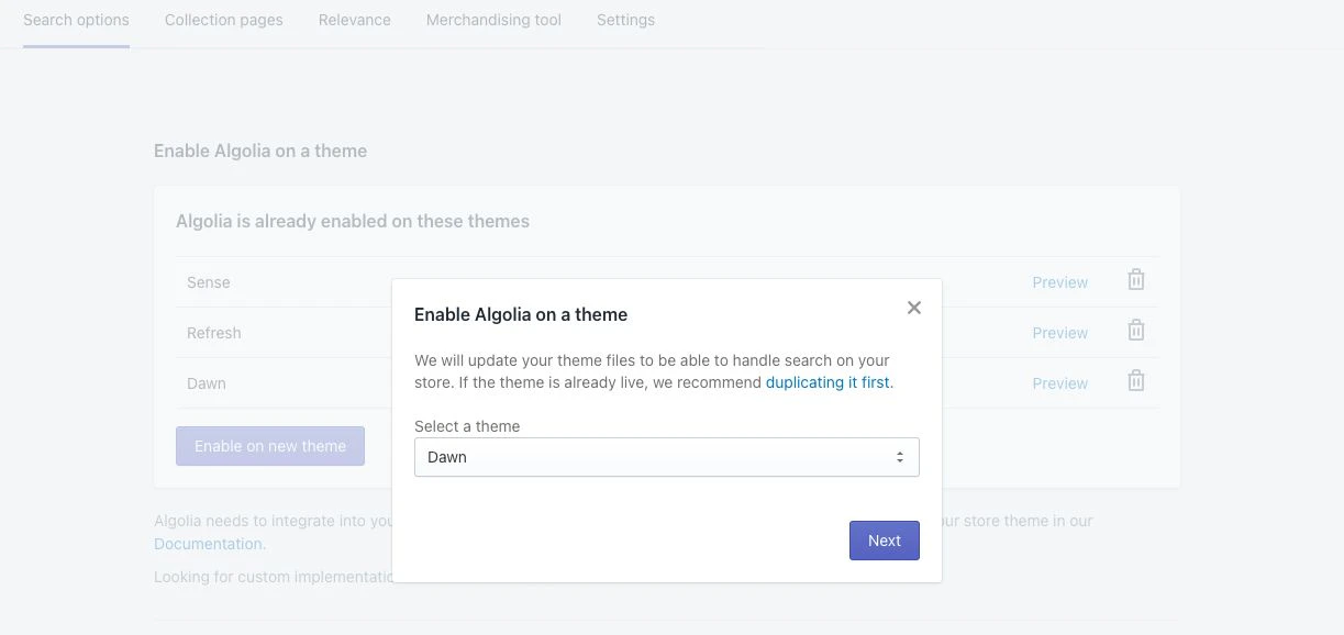 Enable Algolia theme assets in Shopify