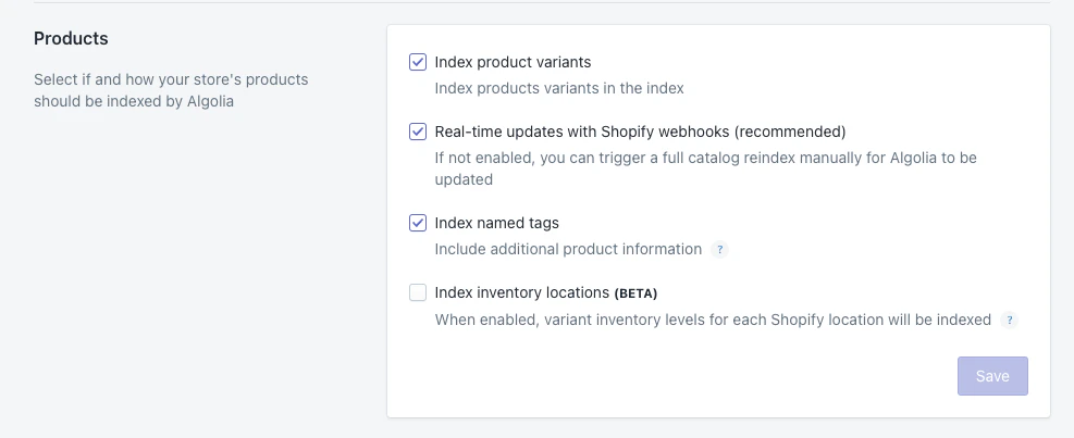 Update product indexing settings in the Algolia AI Search & Discovery app