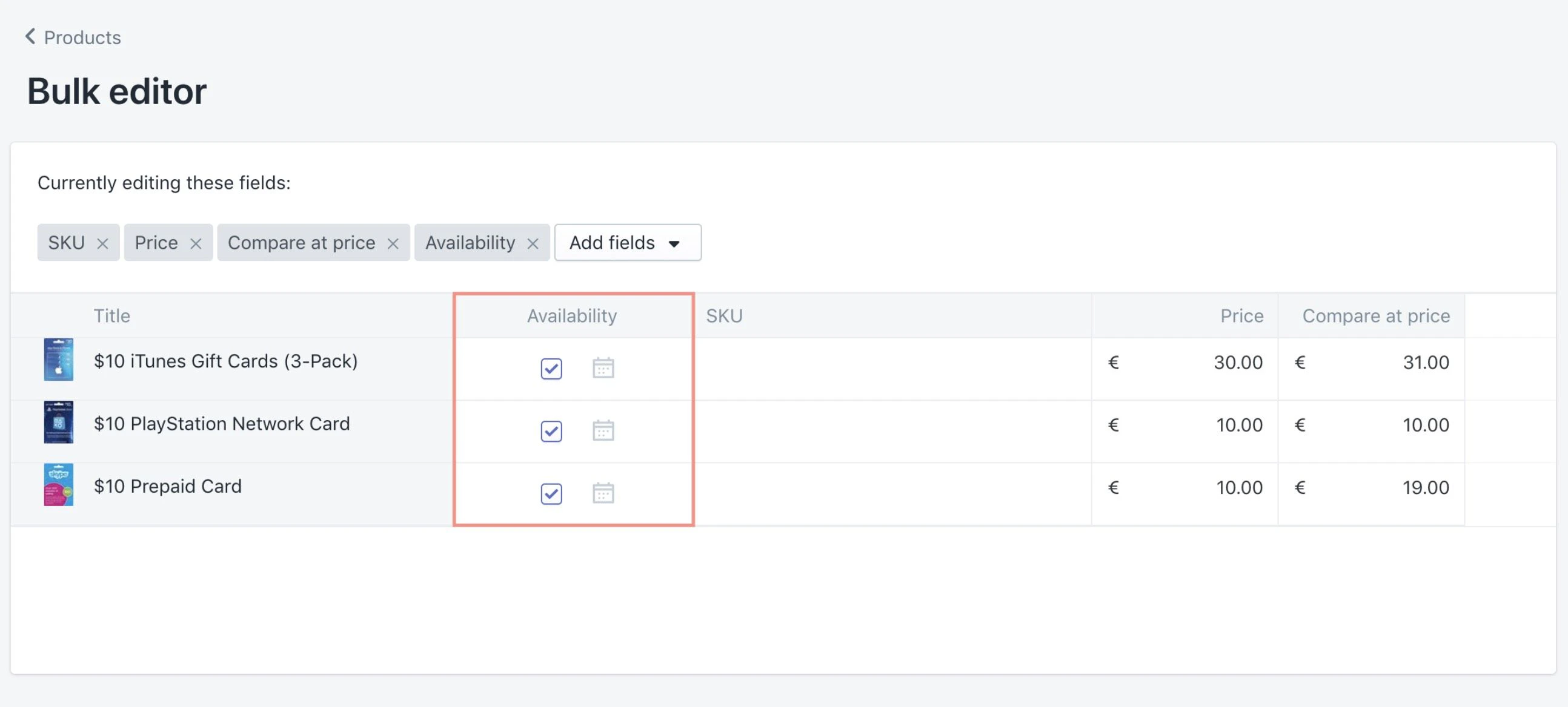 The bulk-editor screen in the Shopify admin
