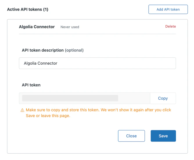 The new API token form is filled with a description. The API token can be copied.