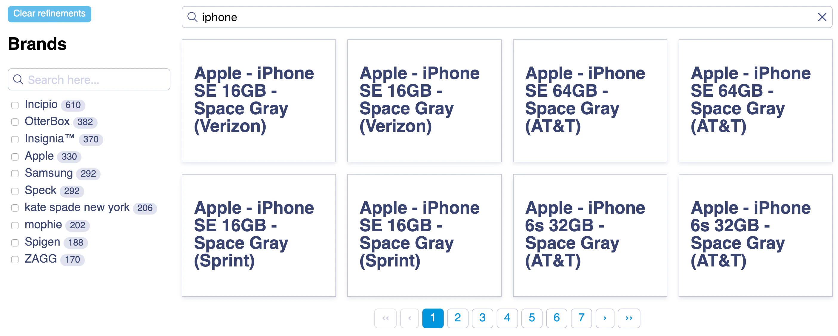 Search UI with a Brands filter in the quickstart app