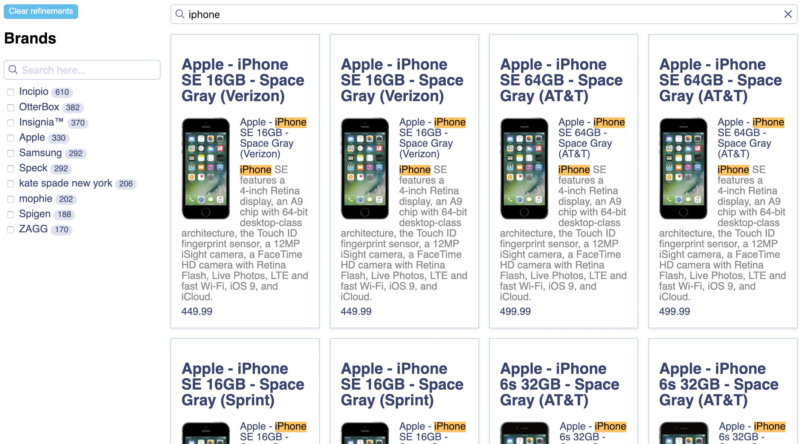 Search UI with product images in the quickstart app