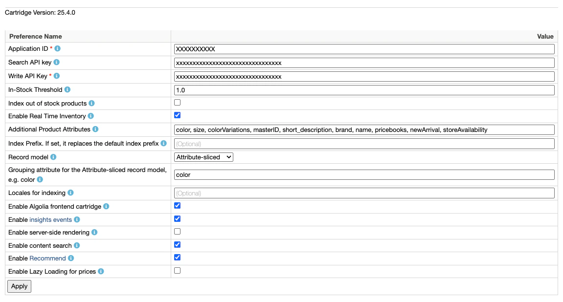Configure Algolia Custom Preferences Group