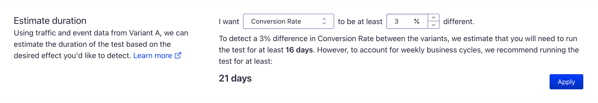 Screenshot of a form estimating test duration, with 'Conversion Rate' and '3%' set, recommending 21 days.