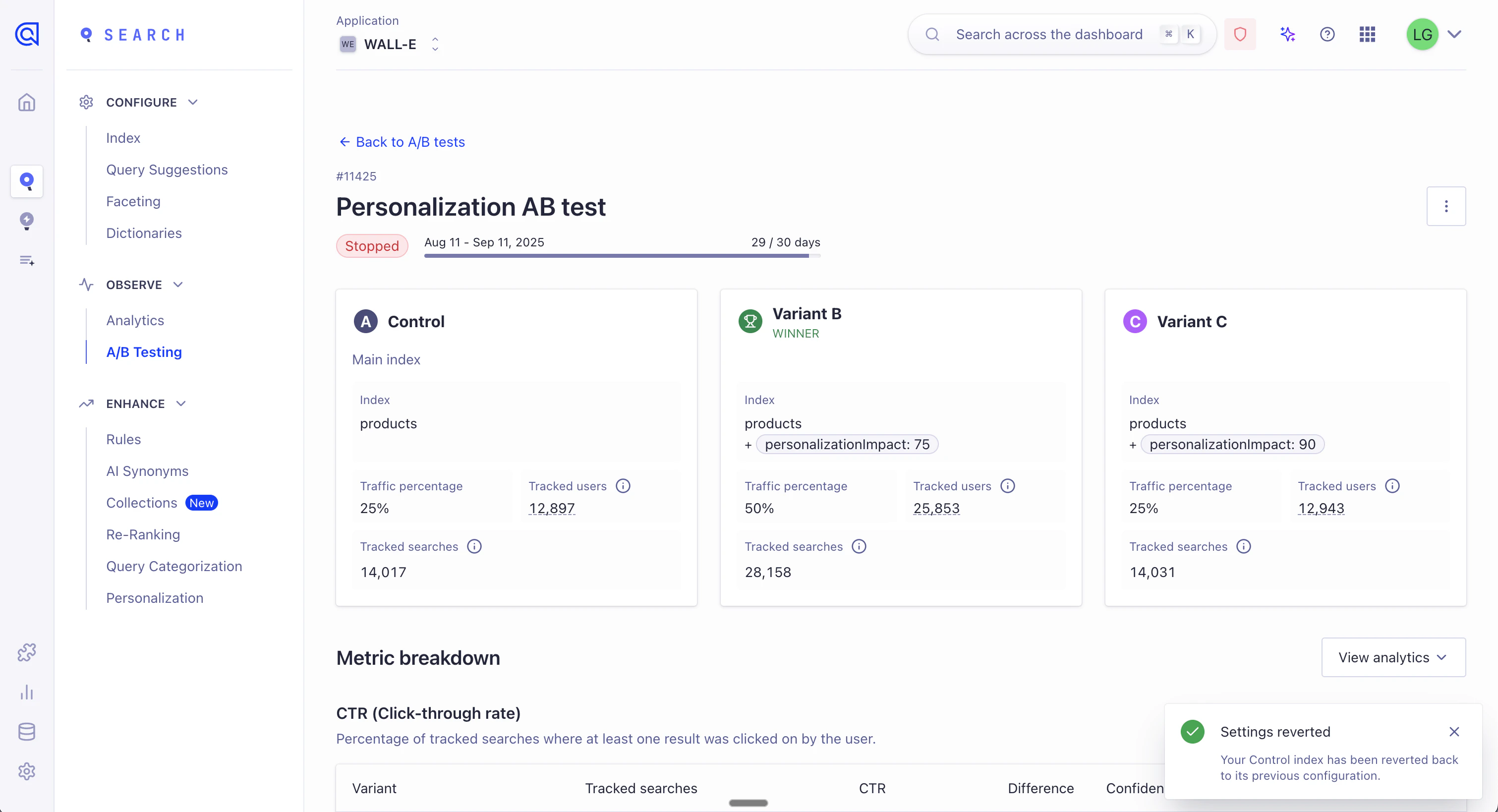 Screenshot of a dashboard showing an 'A/B test' page with a 'Settings reverted' notification and a 'Control' variant having its settings reverted.