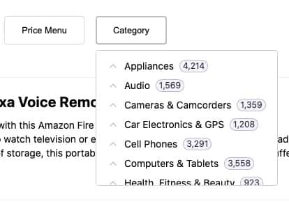 Screenshot of a drop-down menu showing category facets like 'Appliances' and 'Audio' with item counts.