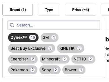 Screenshot of a search interface with a 'Brand (1)' facet drop-down menu showing selected 'Dynex™' and other facet values.