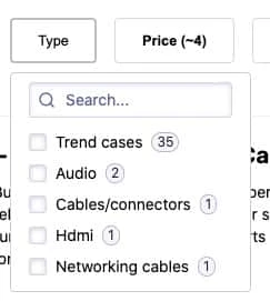 Screenshot of a search interface with a 'Type' facet drop-down menu showing options like 'Trend cases,' 'Audio,' and 'Cables/connectors' with item counts.