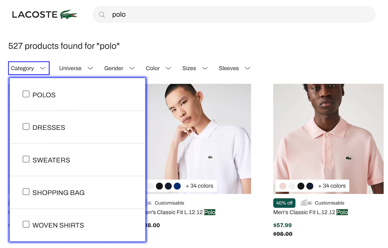 Lacoste search interface with filters in drop-down menus