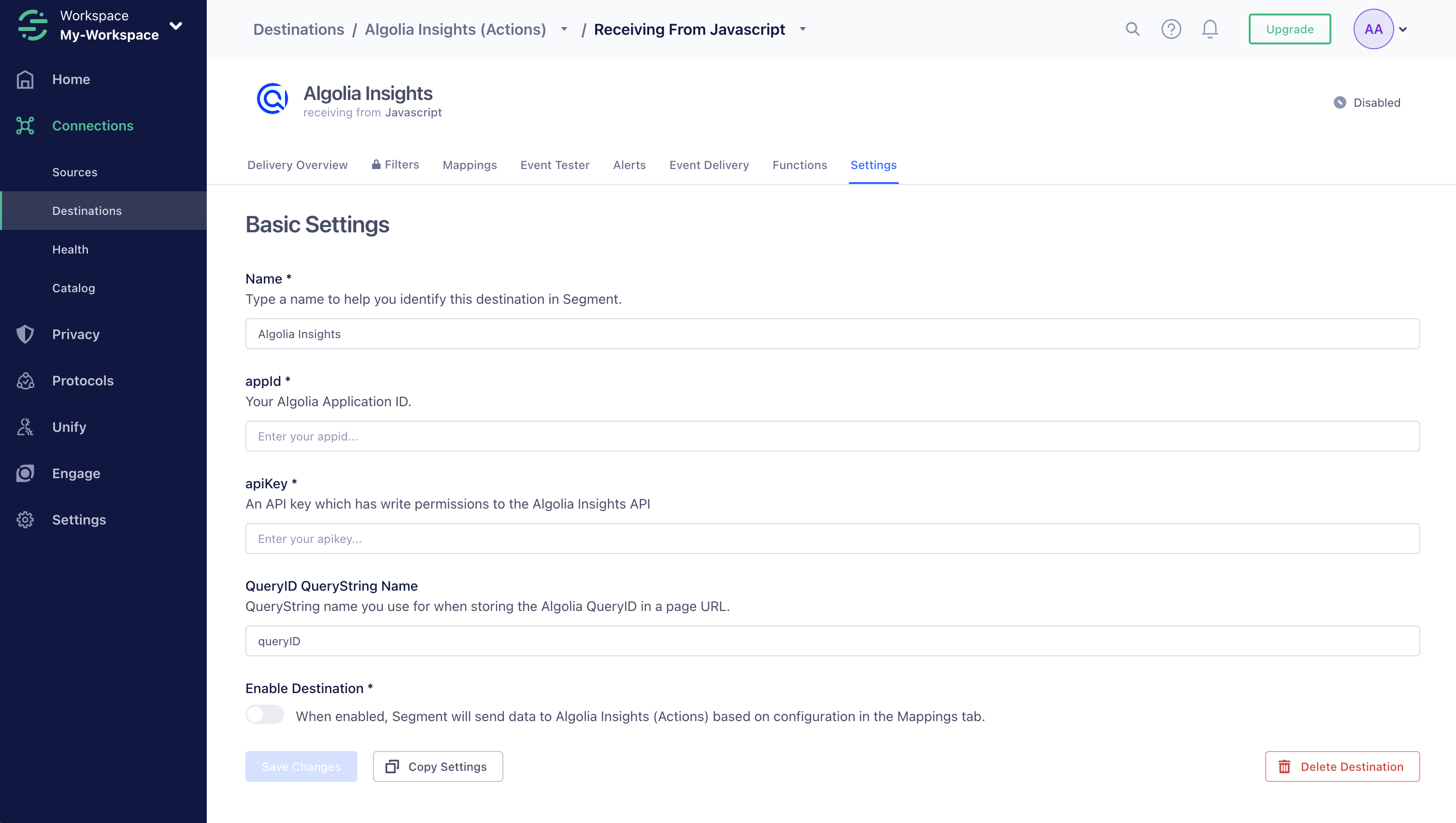 Add your Algolia credentials