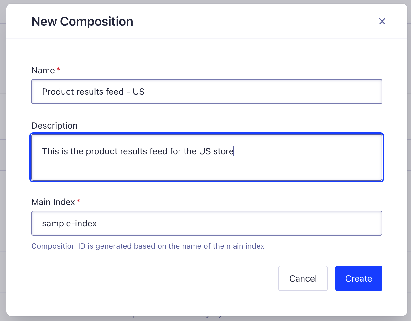 New compositions menu with name, description, and main index fields