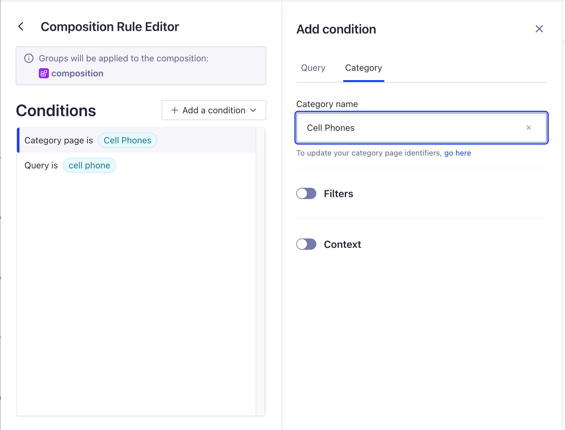In the Composition Rule Editor, add a Category Condition