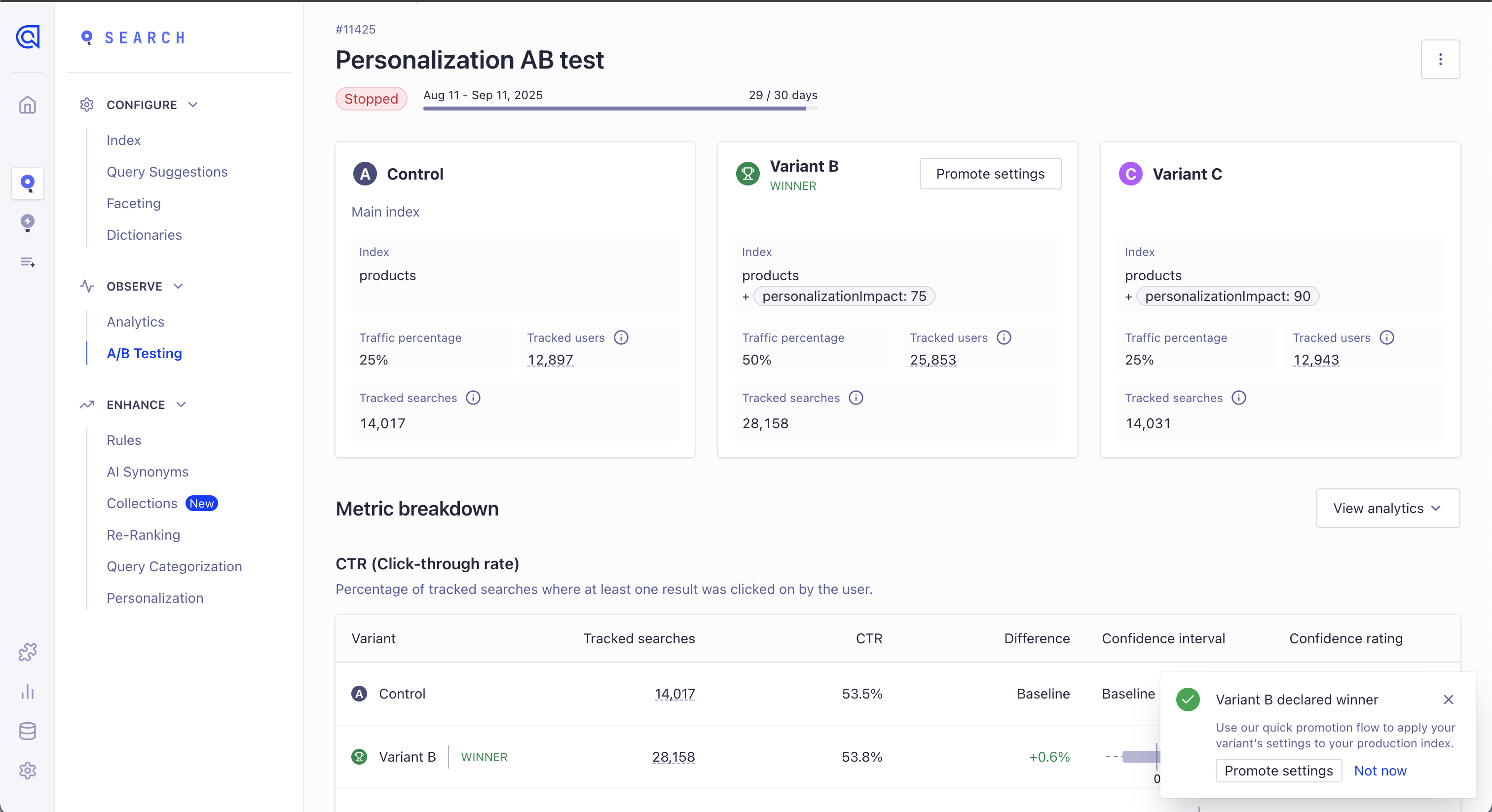 Screenshot of the the A/B test details page with three test variants with Variant B showing a Promote settings button