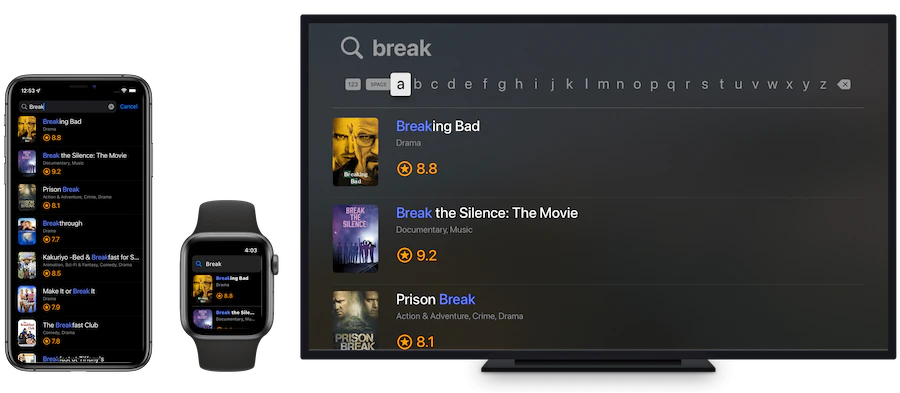 Screenshot of a multi-platform search interface showing 'break' results on a phone, smartwatch, and TV screen.