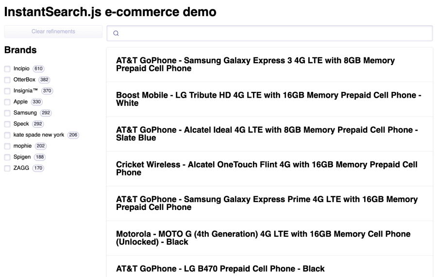 Search UI with a Brands filter in the quickstart app
