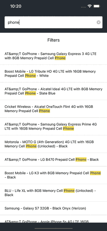 Screenshot of a mobile app filter list with 'phone' entered in the search box, highlighting 'Phone' in several product listings.