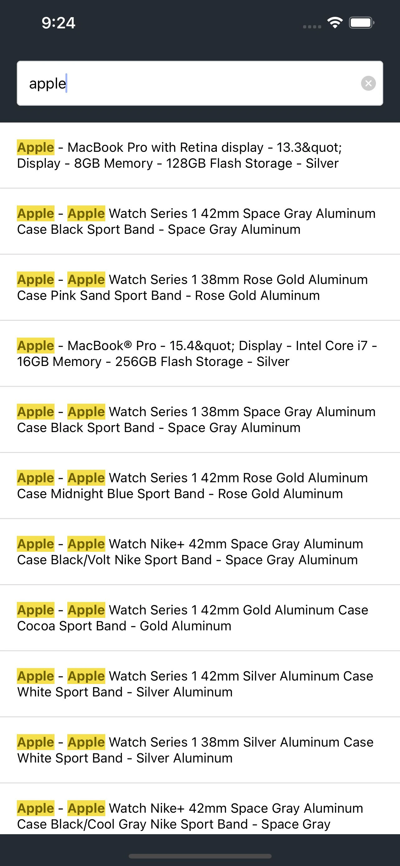 Screenshot of a search results page for 'apple', with matching terms highlighted in yellow in product listings.