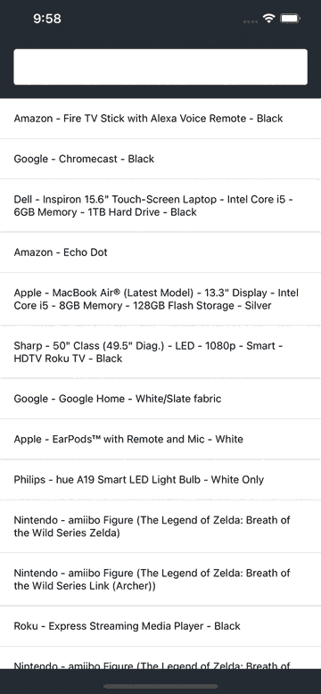 Screenshot of a mobile interface displaying a list of products with 'Load more results as users scroll' feature.