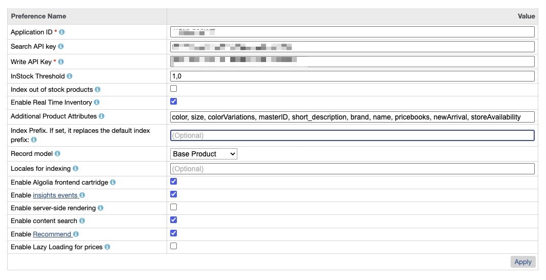Configure Algolia custom site preferences