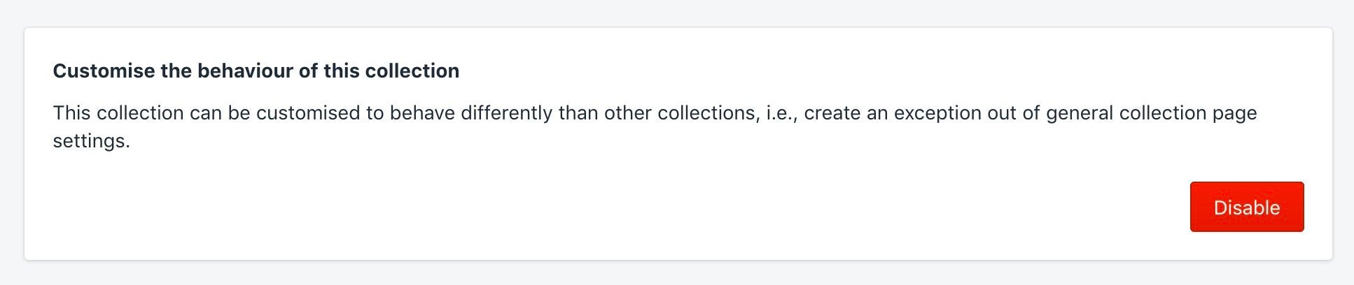 Shopify admin showing the option for turning off collection customization