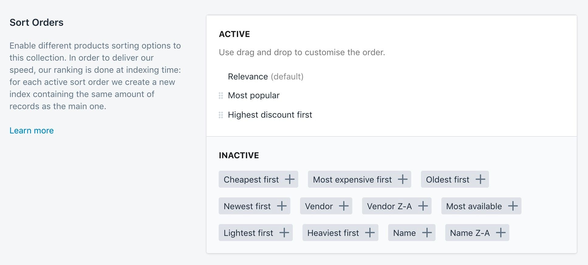 collection customization sort orders settings in the Shopify admin