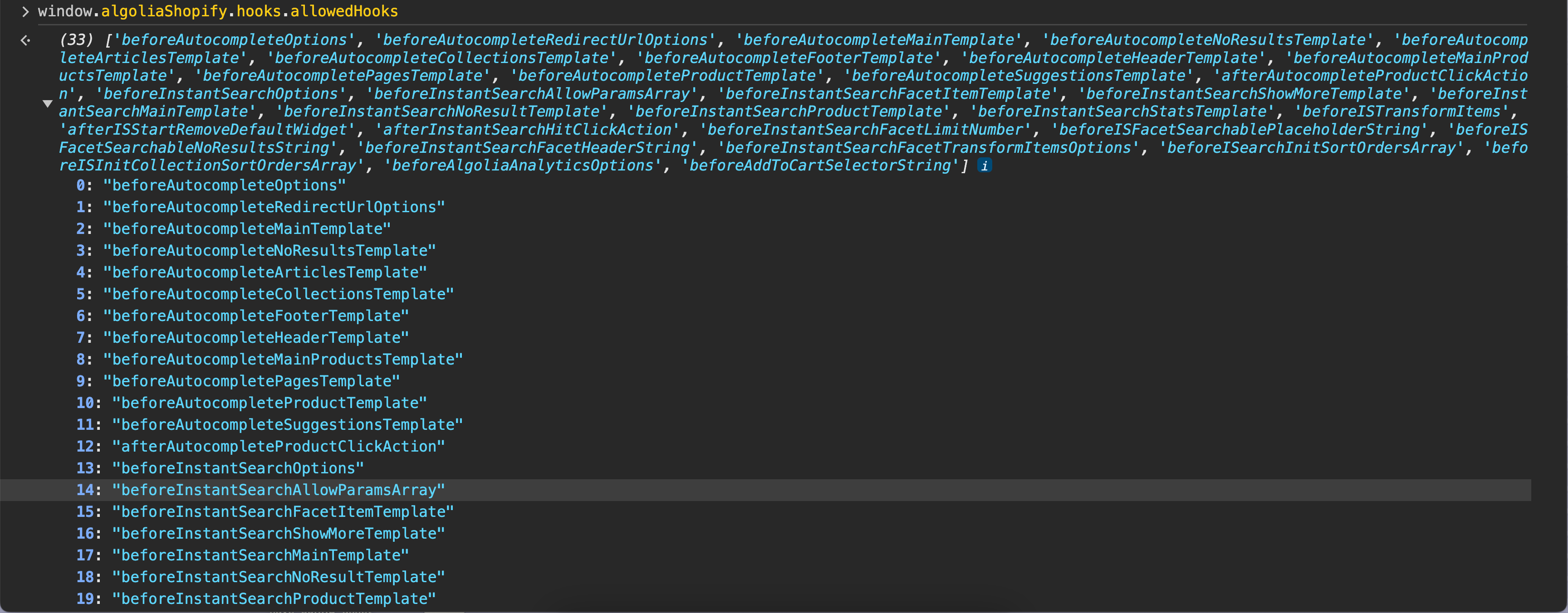 Screenshot of a code snippet showing 'algoliaShopify.hooks.allowedHooks' with hook names like 'beforeAutocompleteOptions' and 'beforeInstantSearchOptions'.