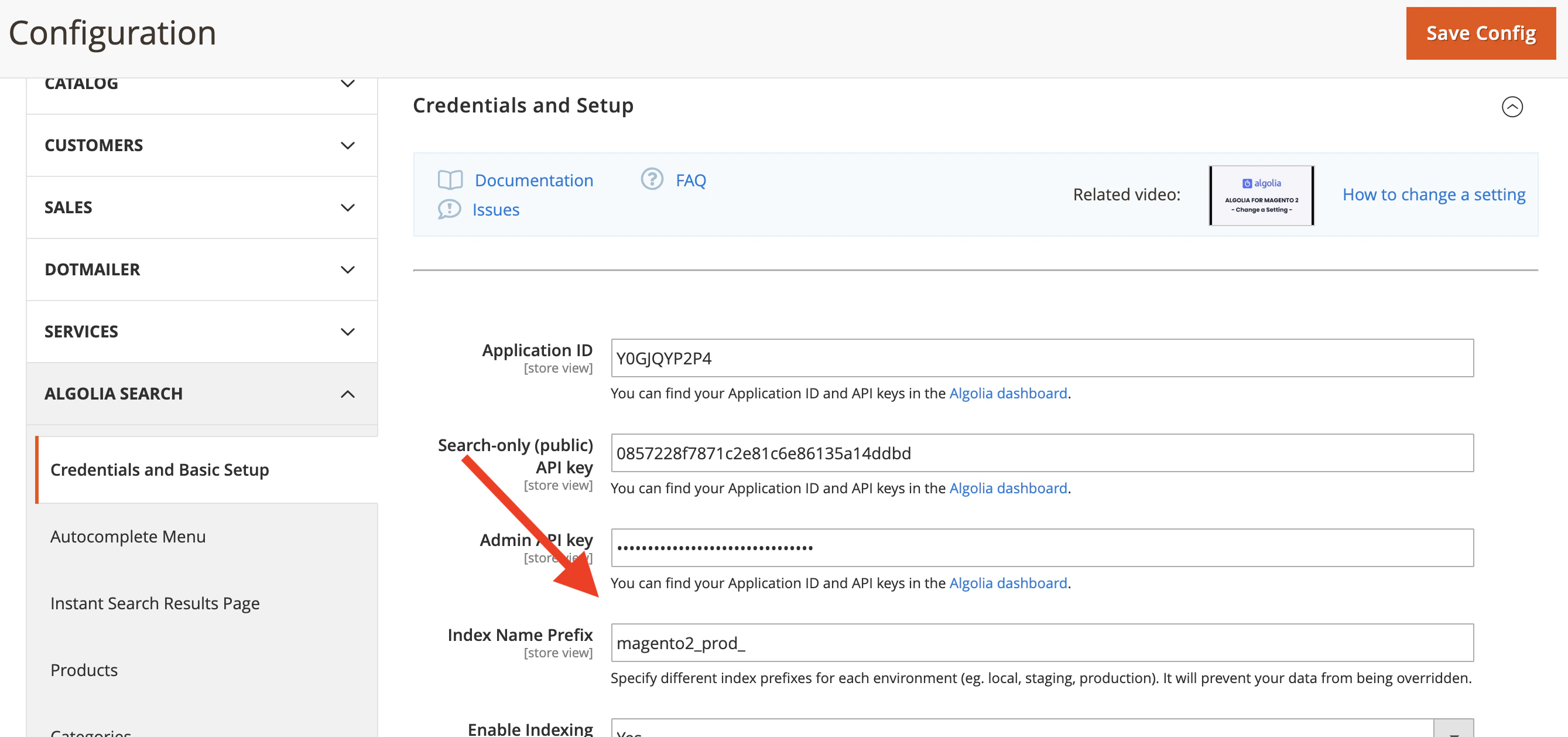 Screenshot of the 'Credentials and Setup' section with an arrow pointing to the 'Admin API key' field.