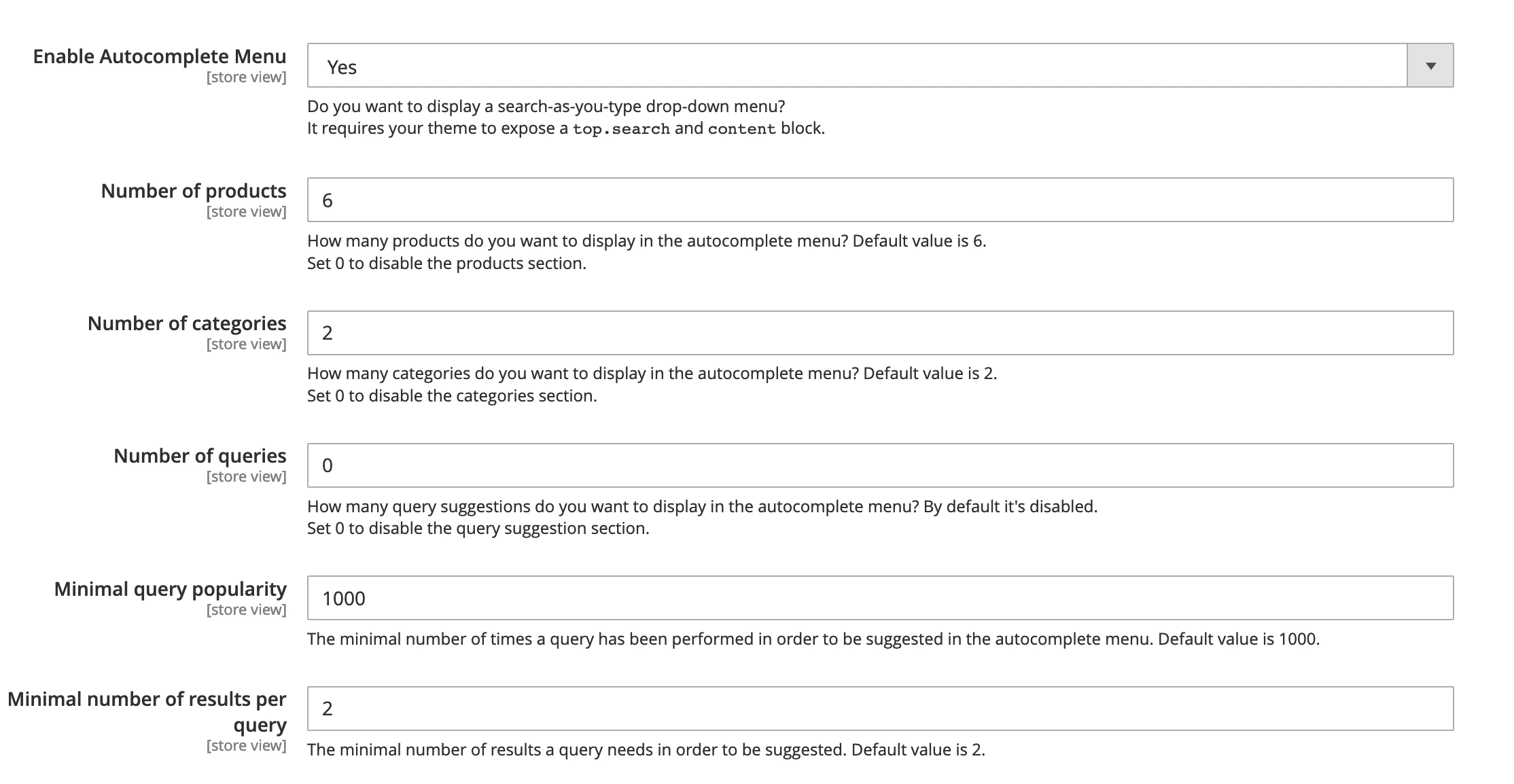 Screenshot of a settings form with fields for autocomplete menu options and their values.