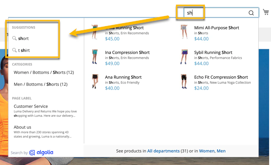 Screenshot of a search box with 'sh' typed, showing product suggestions like 'short' and 't shirt' with images and prices.
