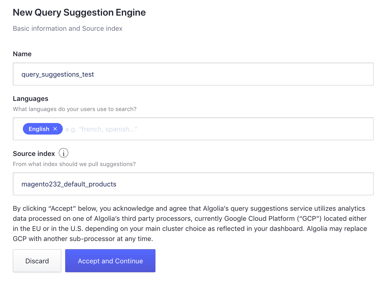 Screenshot of a form to create a new 'Query Suggestion Engine' with fields for 'Name', 'Languages', and 'Source index', and two buttons.