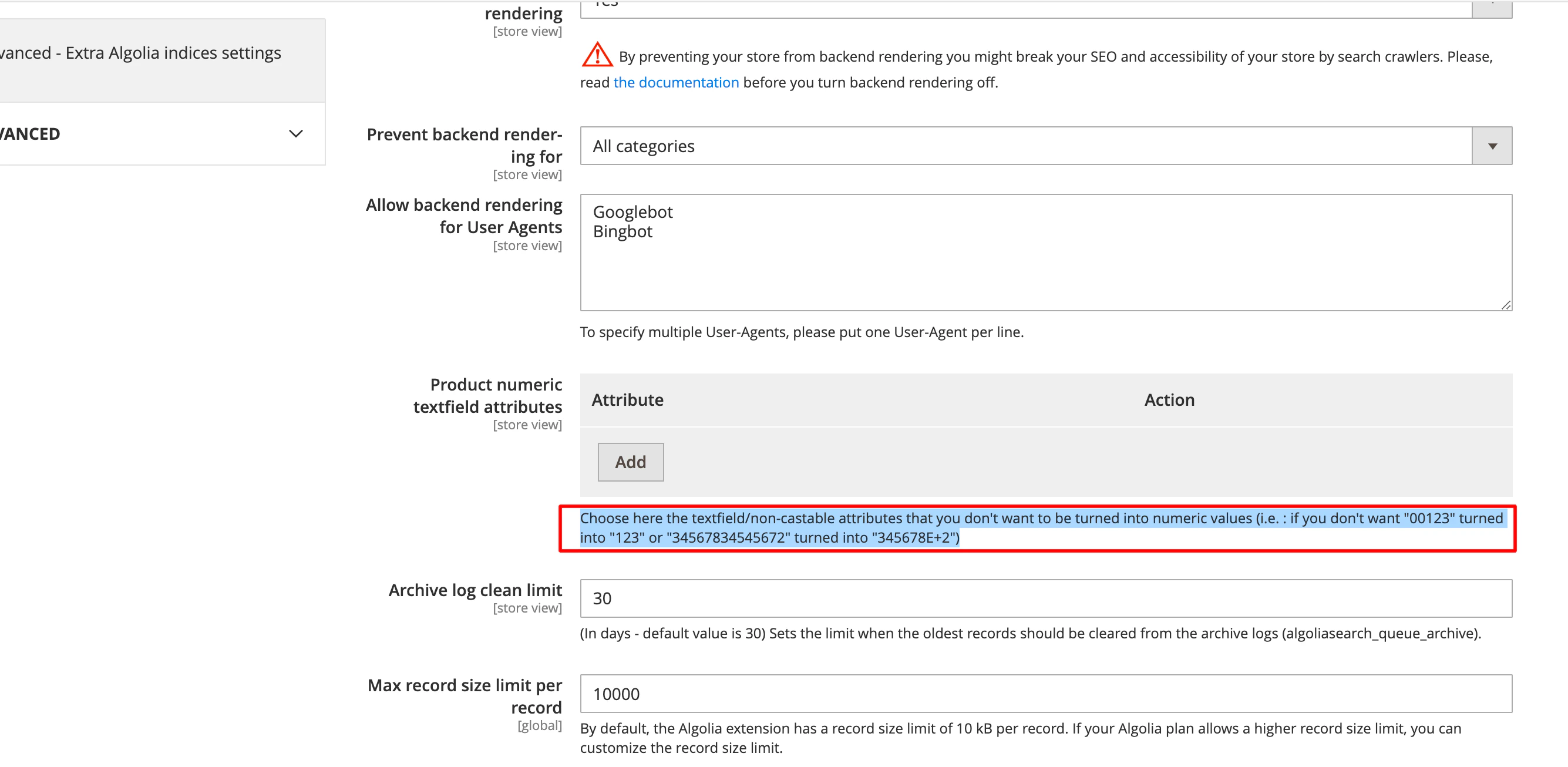 Screenshot of a settings page highlighting an instruction to prevent text field attributes from being converted to numbers.