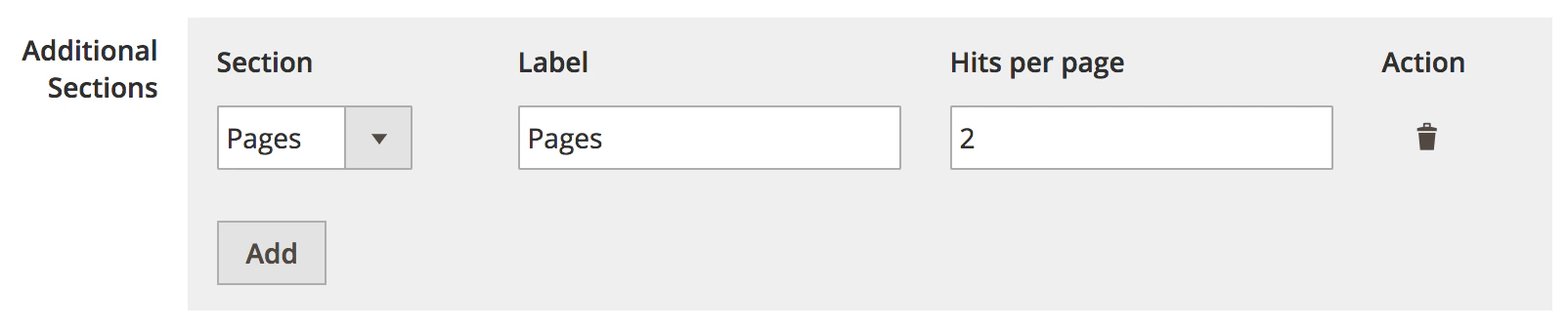 Screenshot of a form with 'Additional Sections' showing 'Pages' in a drop-down menu, 'Pages' in a label field, '2' in 'Hits per page', and a delete icon.
