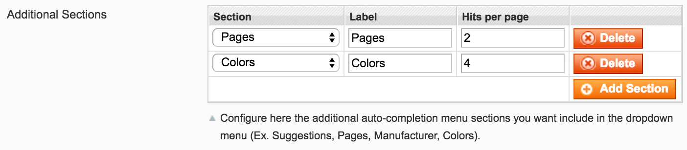Screenshot of a table with 'Section', 'Label', and 'Hits per page' columns, showing 'Pages' and 'Colors' entries with values 2 and 4, and an 'Add Section' button.