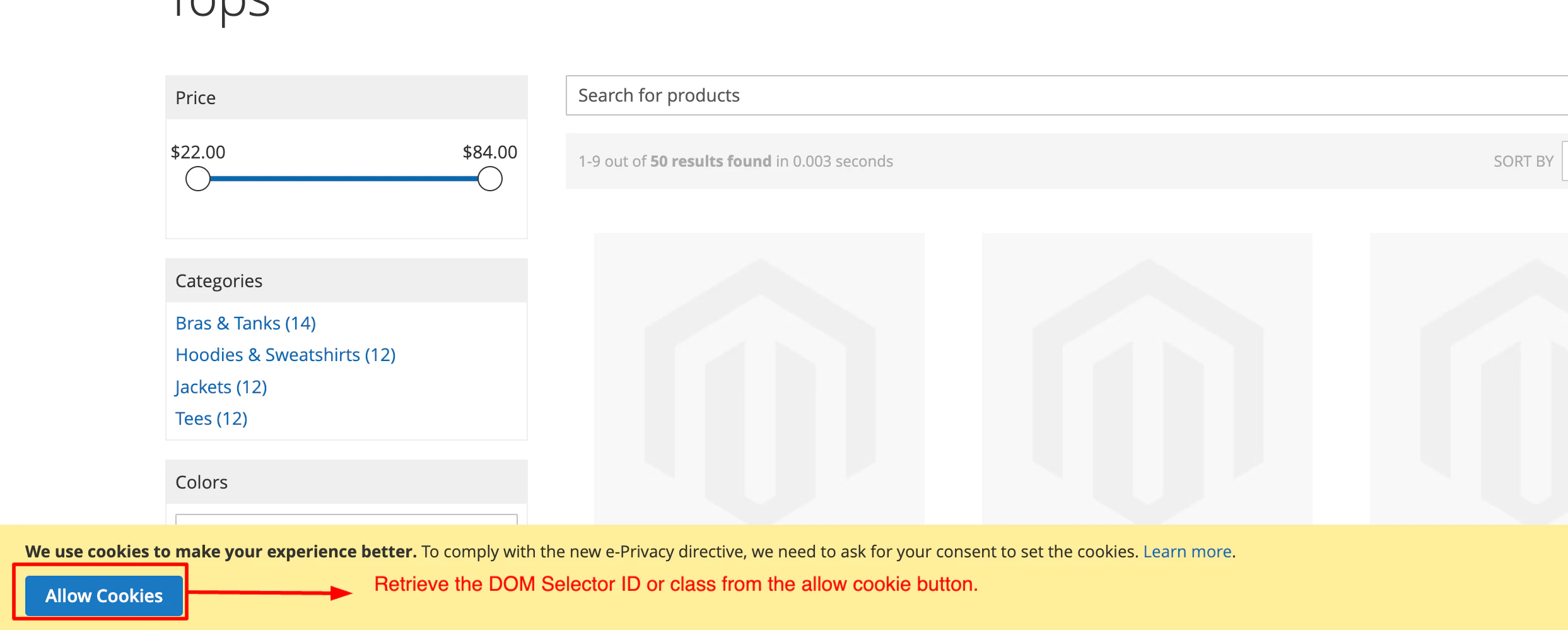 Screenshot of a cookie consent banner with a blue 'Allow Cookies' button, a red arrow, and text instructing to retrieve the DOM Selector ID or class.
