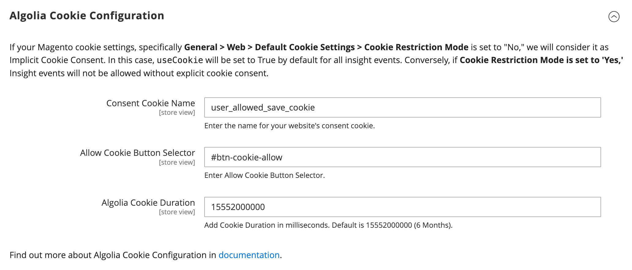 Screenshot of Algolia Cookie Configuration form with fields for Consent Cookie Name, Allow Cookie Button Selector, and Algolia Cookie Duration.