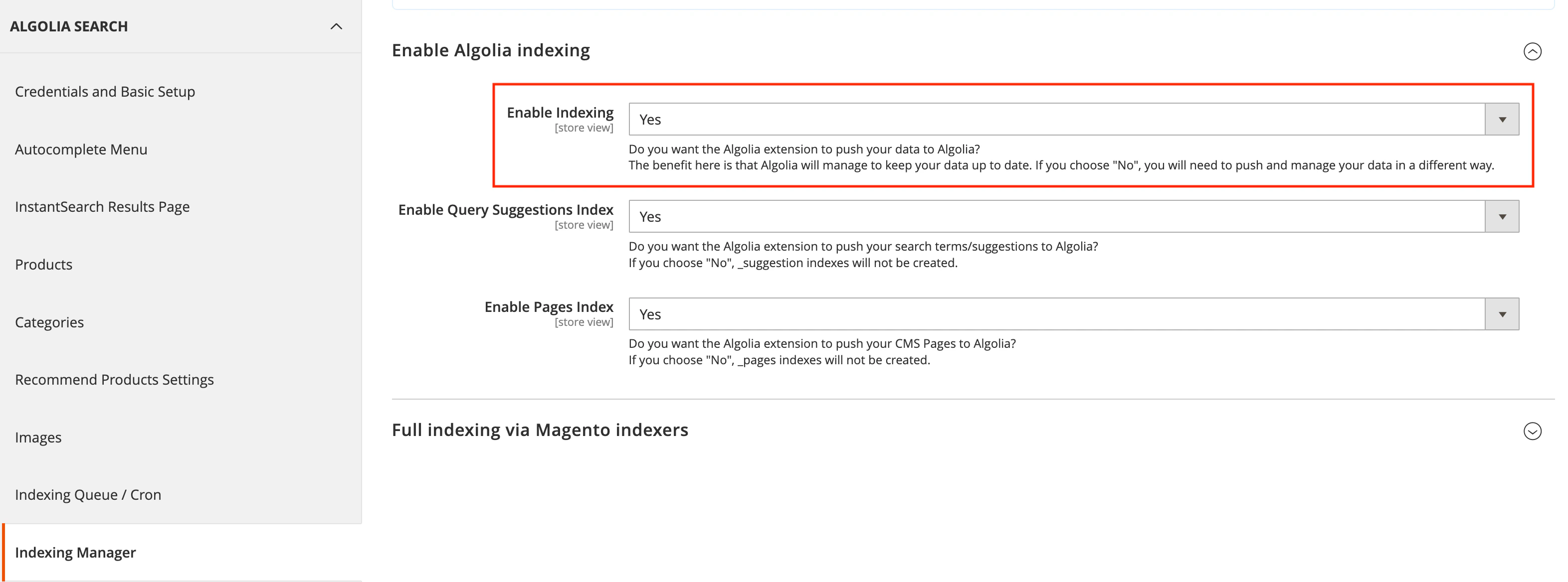 Screenshot of the 'Enable Algolia indexing' section showing a drop-down menu set to 'Yes' with explanatory text below.
