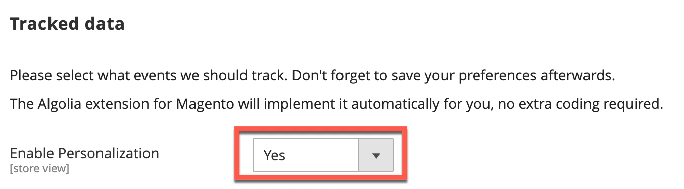 Screenshot of a 'Tracked data' section with a drop-down menu labeled 'Enable Personalization' set to 'Yes'.