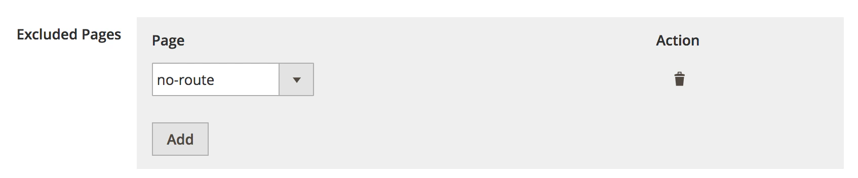 Screenshot of a table with 'Excluded Pages' showing a drop-down menu with 'no-route' selected and an 'Add' button.