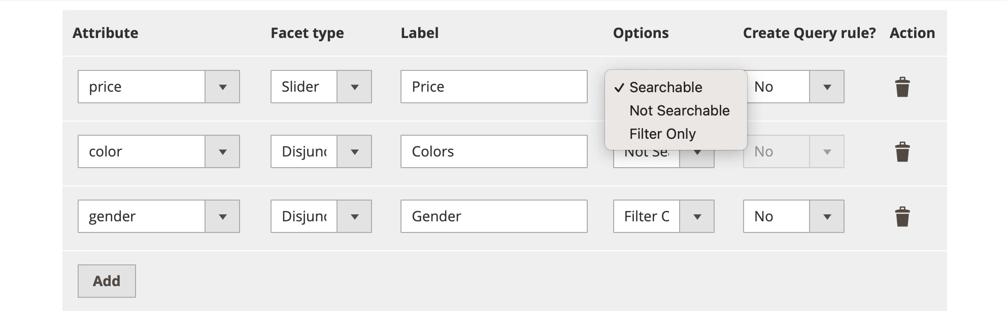 Screenshot of a facet configuration table with attributes 'price', 'color', 'gender', and a drop-down menu showing 'Searchable' selected.