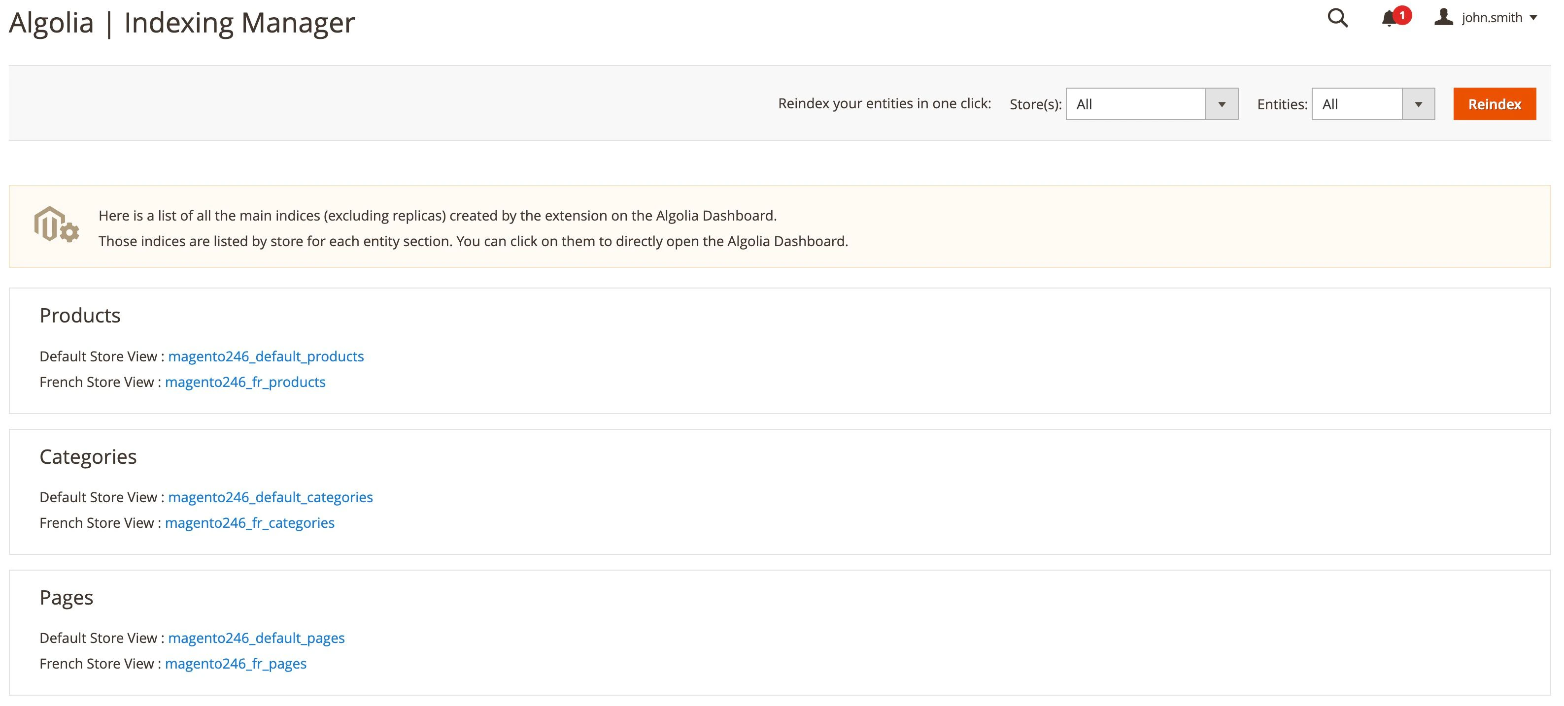 Screenshot of the 'Indexing Manager' page with a 'Reindex' button and drop-down menu for 'Stores' and 'Entities', listing indices for Products, Categories, and Pages.
