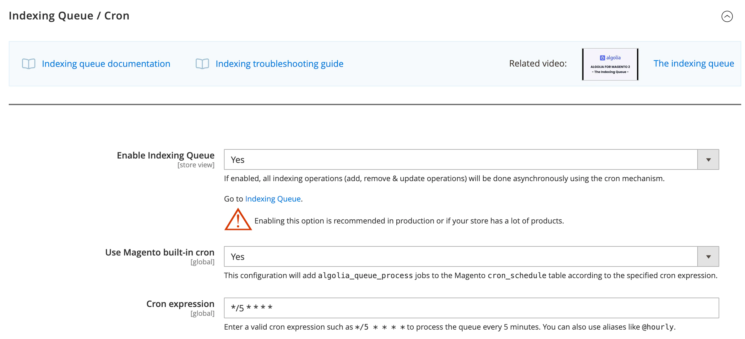 Screenshot of the 'Indexing Queue / cron' page with 'Enable Indexing Queue' and 'Use Magento built-in cron' set to 'Yes'.