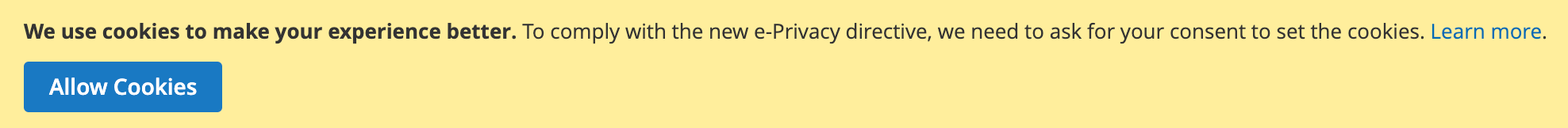 Screenshot of a cookie consent form with a yellow background, a message about using cookies, and a blue 'Allow Cookies' button.