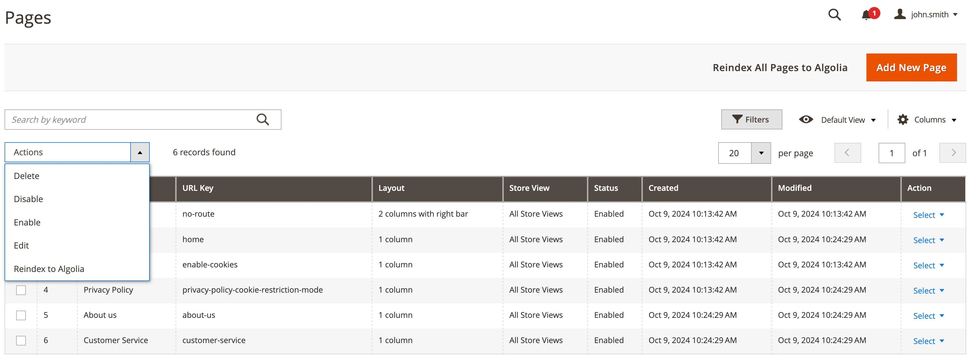 Screenshot of the 'Pages' grid with an 'Actions' drop-down menu open, showing options like 'Delete,' 'Disable,' 'Enable,' and 'Reindex to Algolia.'