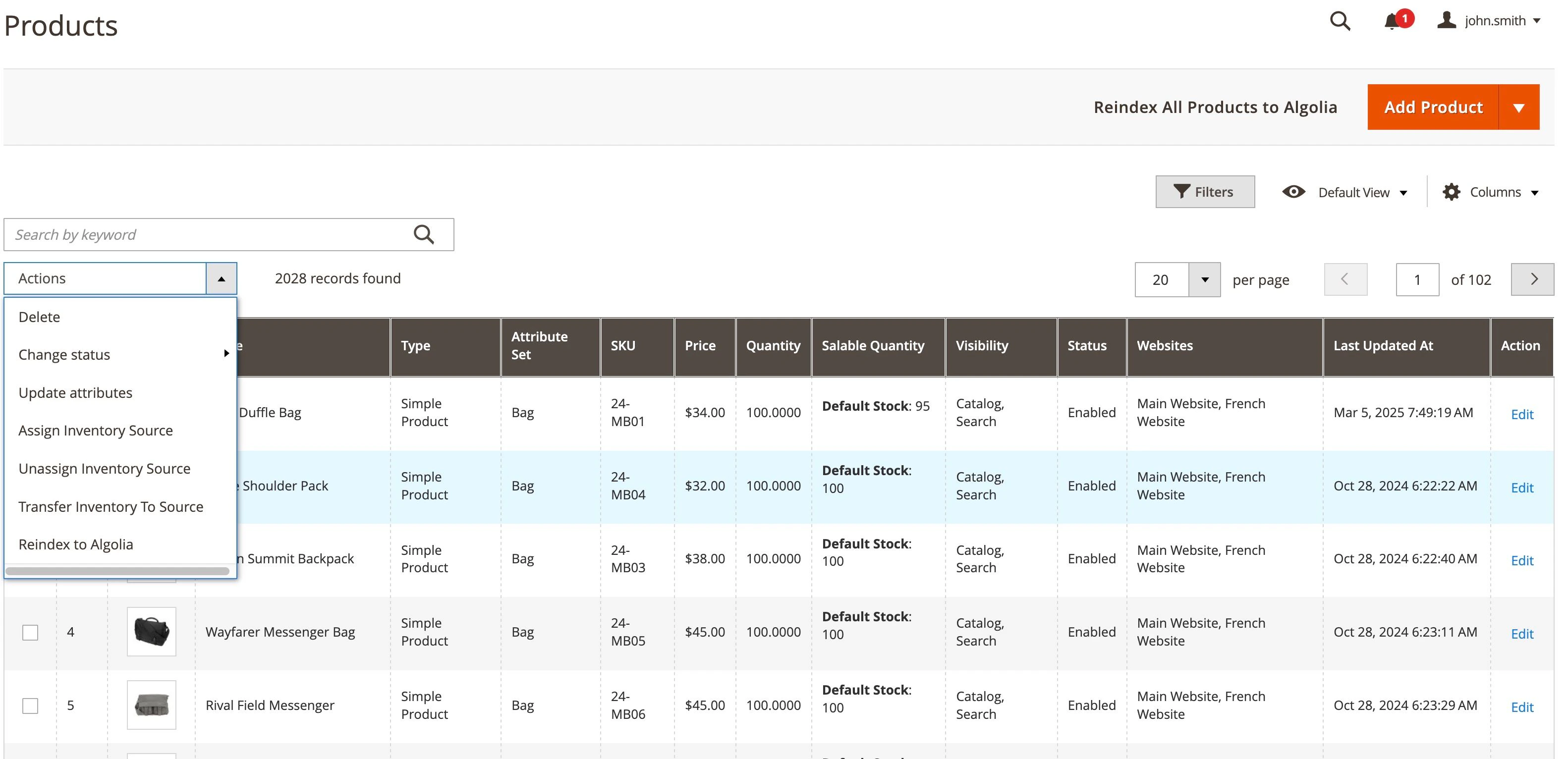 Screenshot of a 'Products' grid with an 'Actions' drop-down menu open, showing options including 'Reindex to Algolia'.