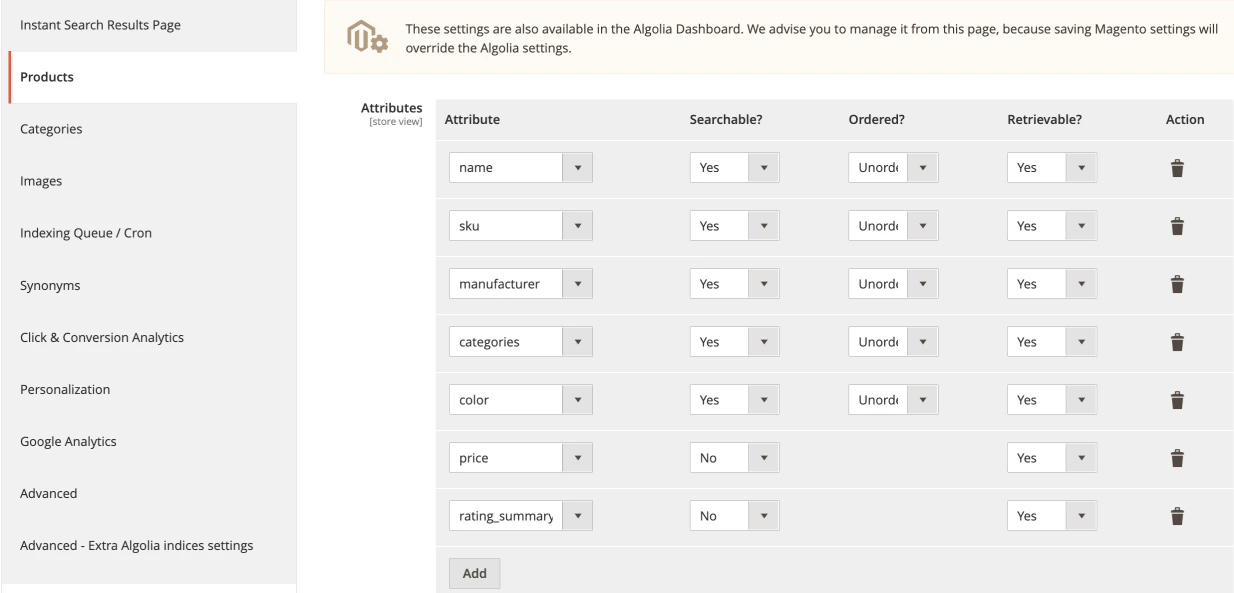 Screenshot of the 'Indexing' page showing the 'Searchable attributes' table with 'Attribute', 'Searchable?', 'Ordered?', and 'Retrievable?' columns.