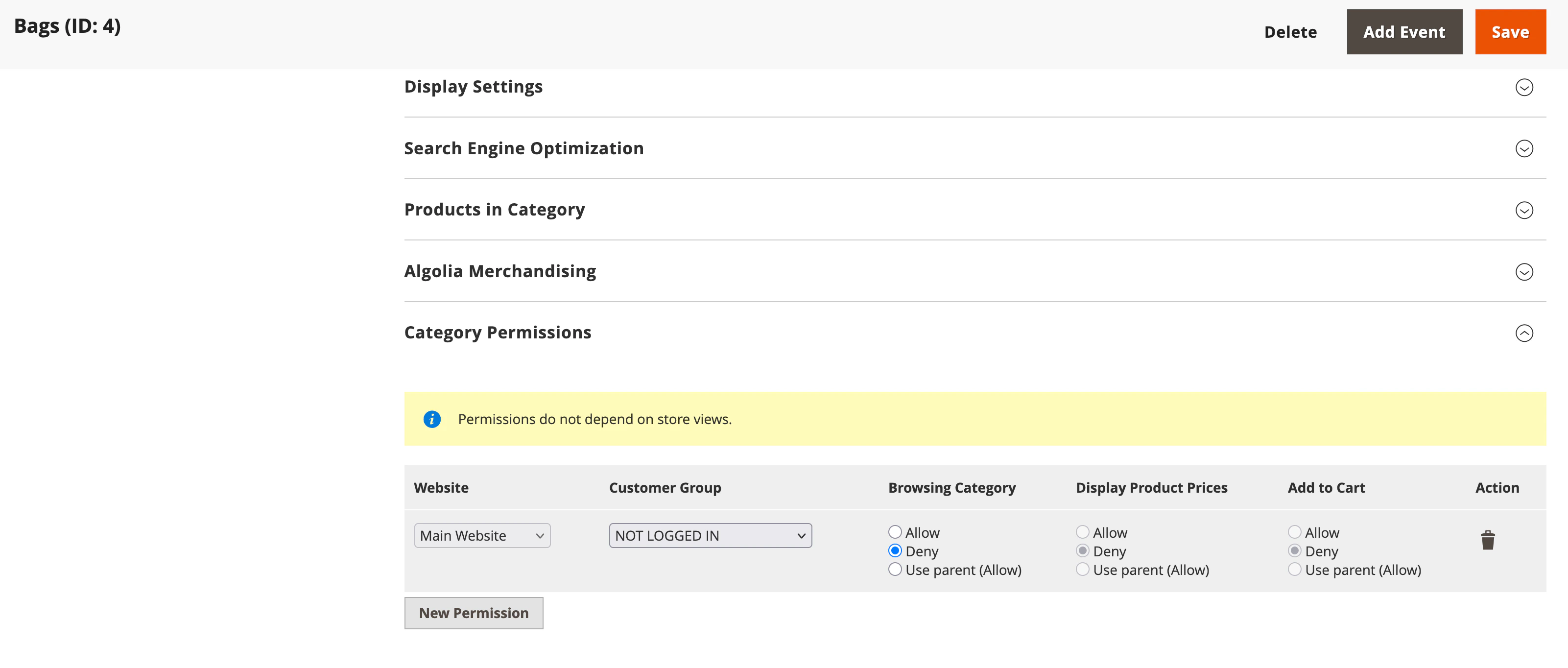 Screenshot of 'Category Permissions' table with 'Main Website' and 'NOT LOGGED IN' settings, showing 'Browsing Category,' 'Display Product Prices,' and 'Add to Cart' options.