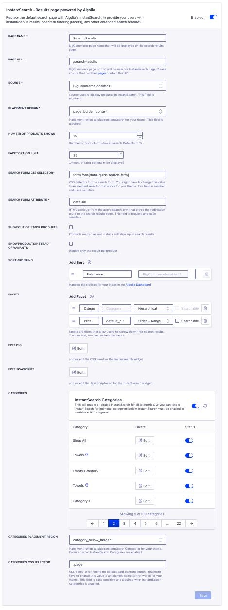 InstantSearch settings in the BigCommerce app